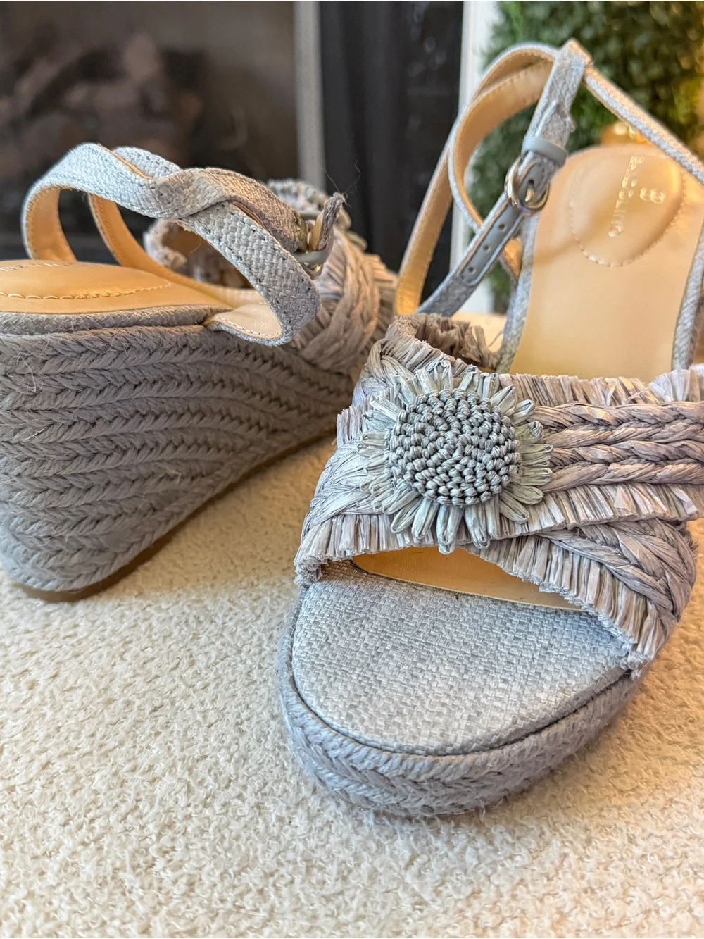 Bandolino Neutral Raffia Flower Strap Sandals
